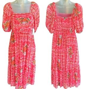 LC Lauren Conrad Pink Floral Smocked Square Neck Midi Dress XS